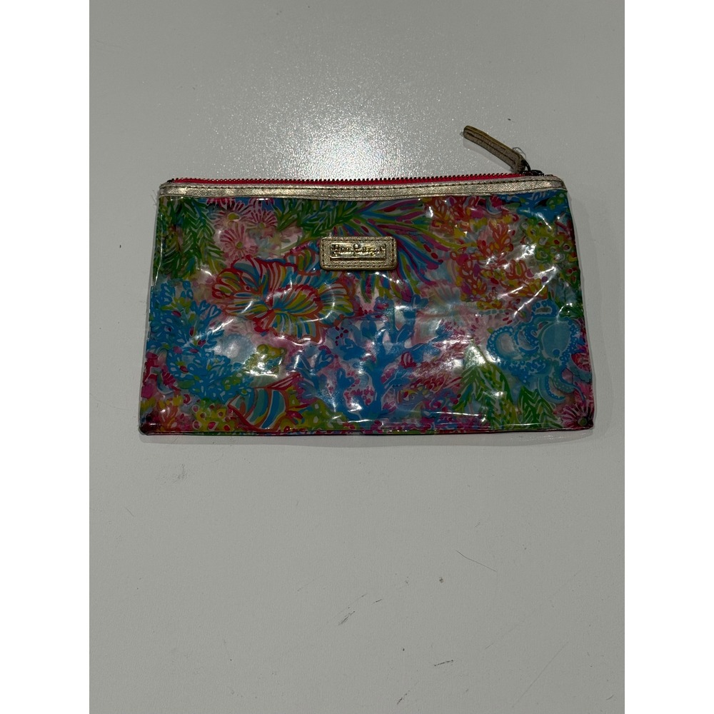 Lilly Pulitzer Clear Vinyl Cosmetic Pouch Coral Reef Sea Life Print Gold Trim